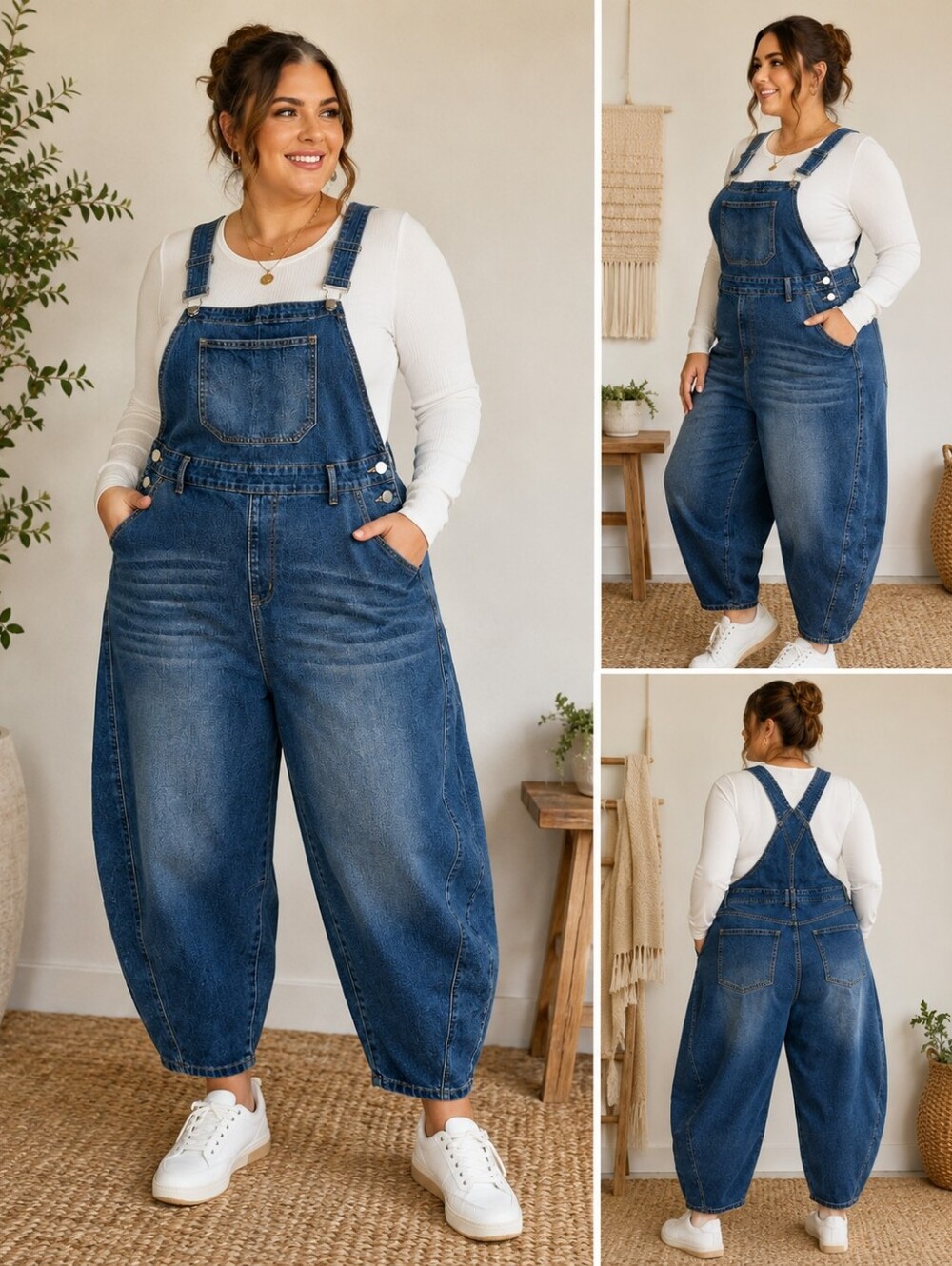 3XL Barrel Leg Denim Overalls Plus Size Adjustable Strap Cropped Jumpsuit